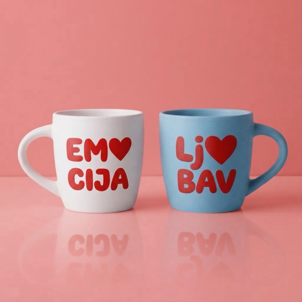 Bela i plava šolja sa srcima i natpisima Emocija i Ljubav